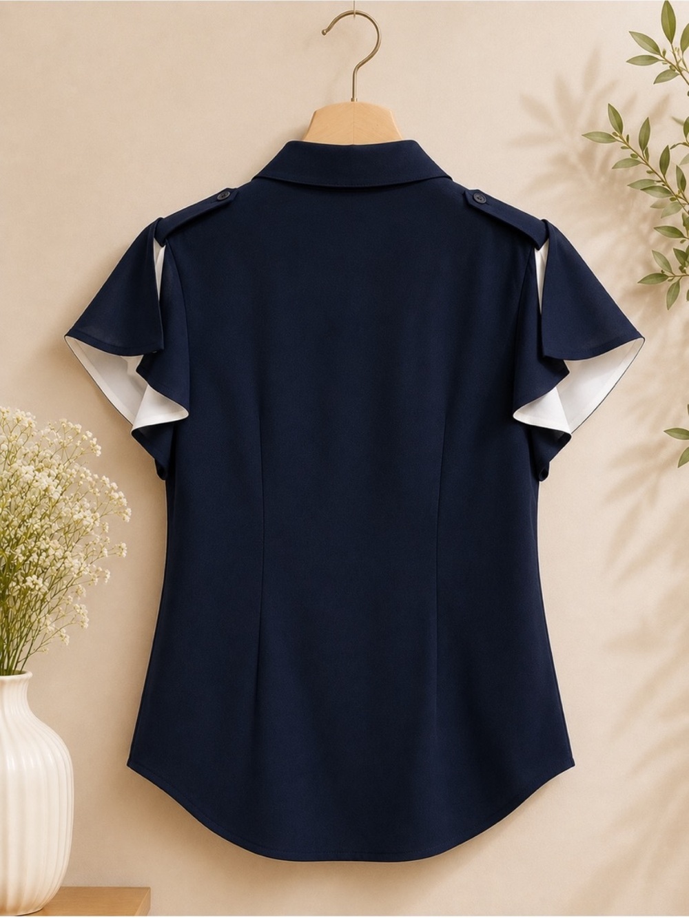 NWT Tulip B Vintage Navy White Button-Front Flutter Sleeve Neck Tie Blouse - Picture 3 of 11